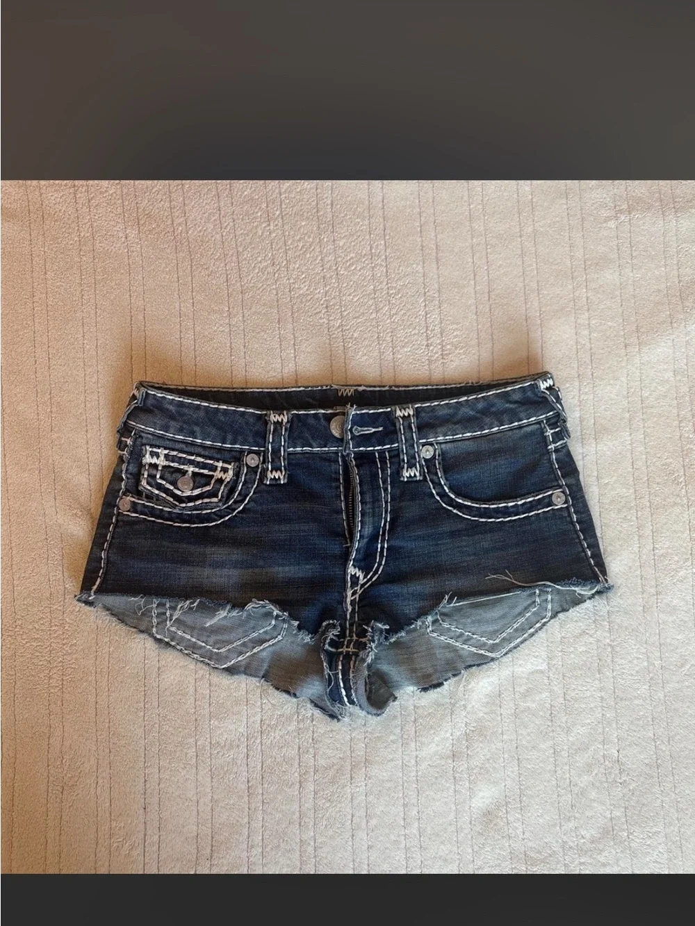 True Religion Indigo Denim Cutoff Shorts with Contrast Stitching